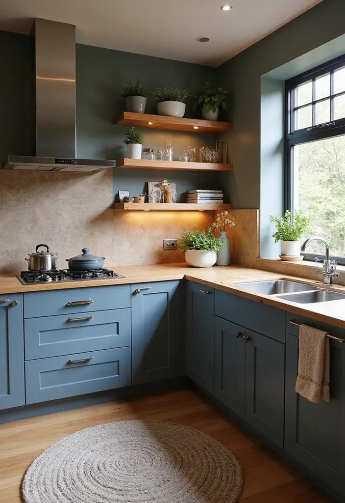 30 Trendy Two Color Kitchen Cabinets for Modern Homes - 12. Steel Blue and Warm Oak