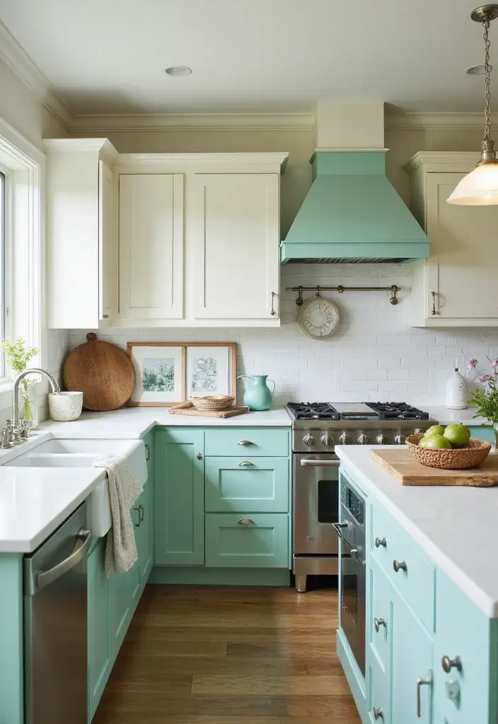 30 Trendy Two Color Kitchen Cabinets for Modern Homes - 14. Seafoam Green and Off-White
