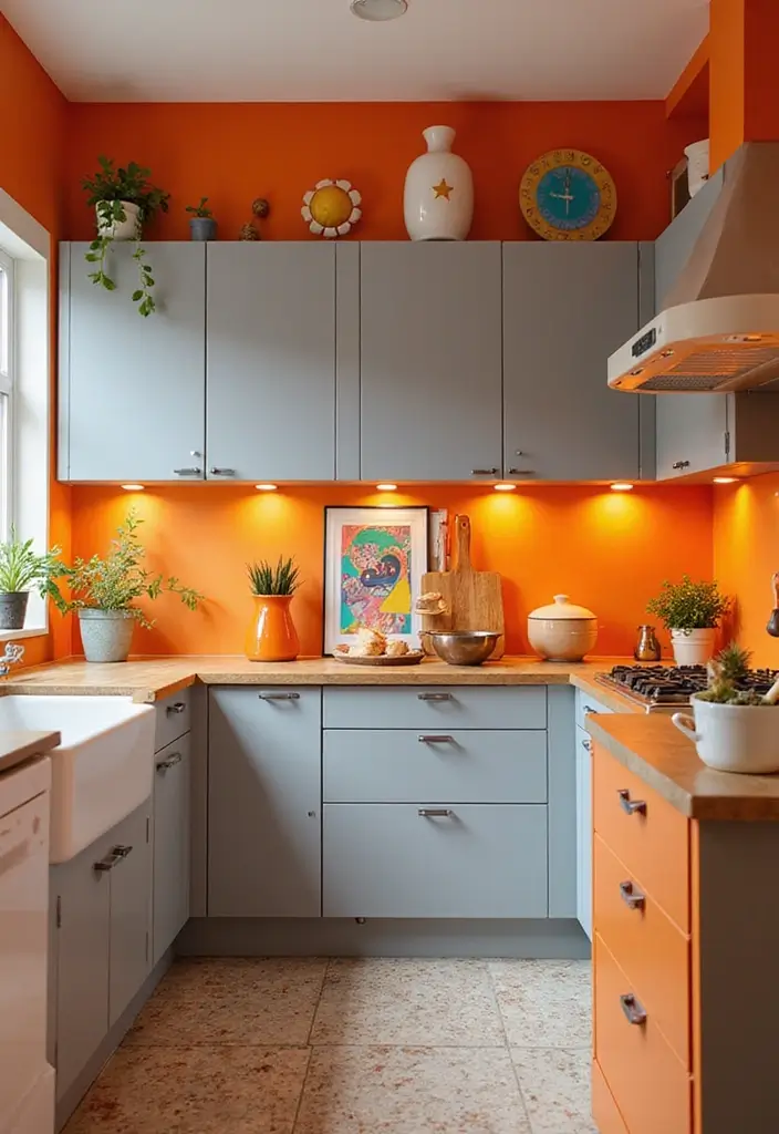 30 Trendy Two Color Kitchen Cabinets for Modern Homes - 16. Bright Orange and Soft Gray