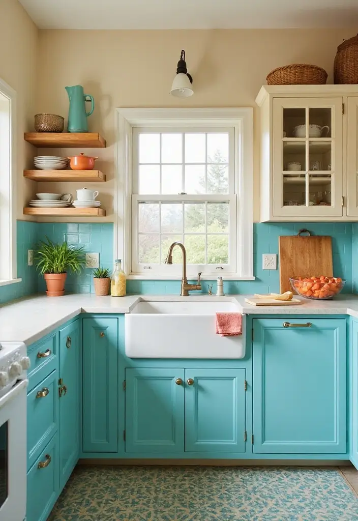 30 Trendy Two Color Kitchen Cabinets for Modern Homes - 18. Almond and Turquoise