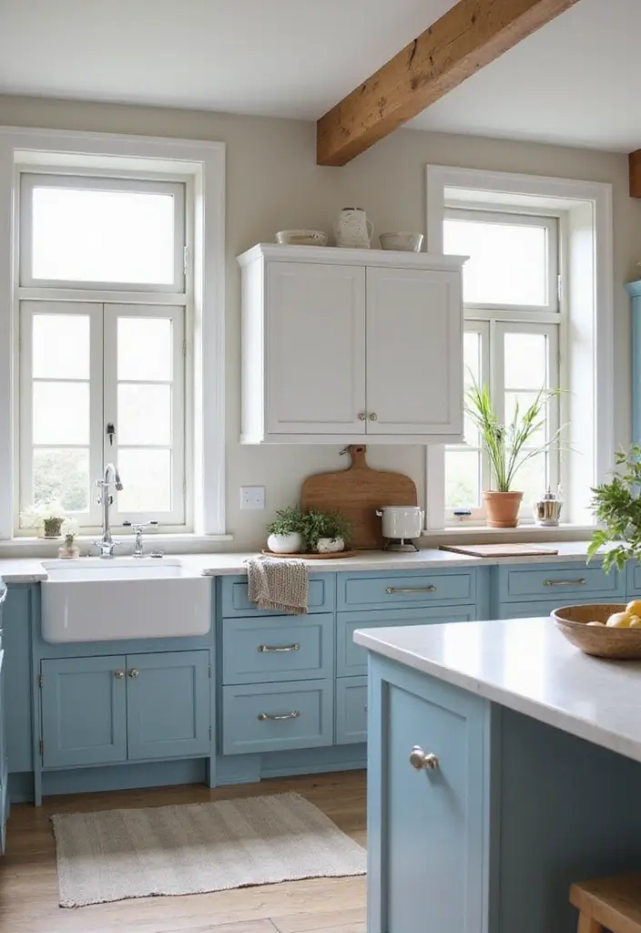 30 Trendy Two Color Kitchen Cabinets for Modern Homes - 20. Powder Blue and Crisp White