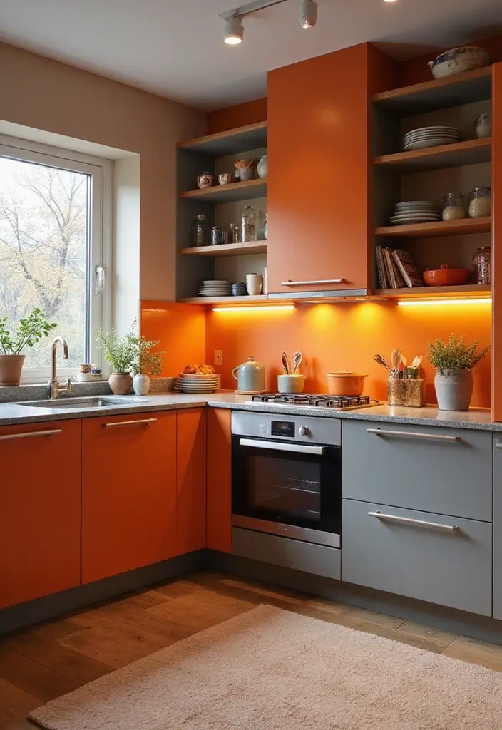 30 Trendy Two Color Kitchen Cabinets for Modern Homes - 21. Sunset Orange and Cool Gray