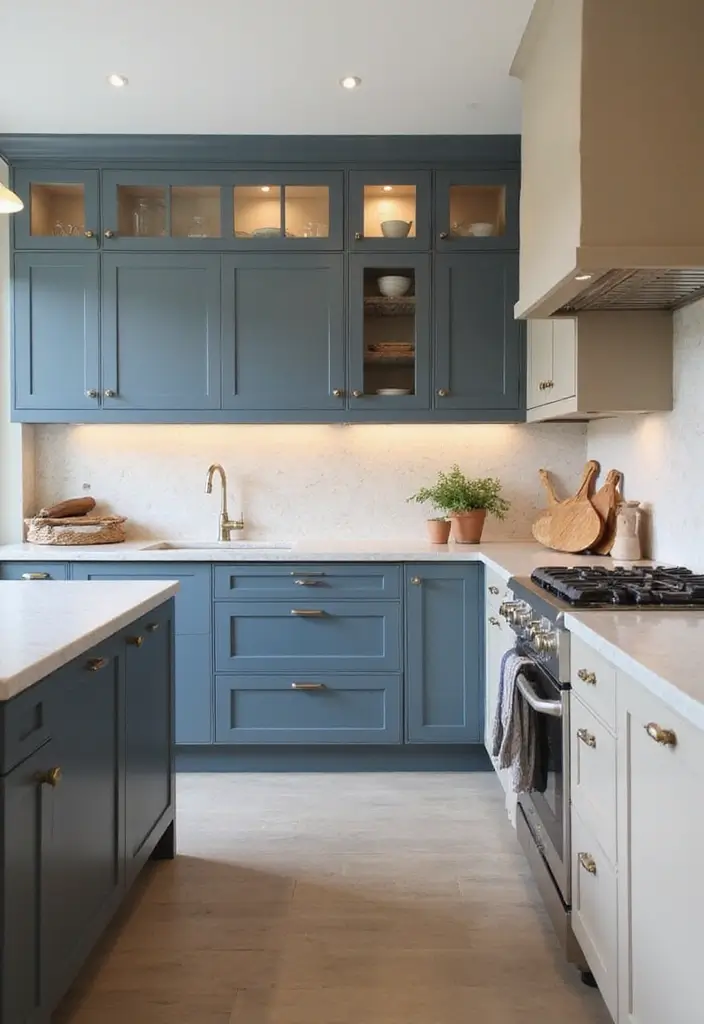 30 Trendy Two Color Kitchen Cabinets for Modern Homes - 22. Slate Blue and Beige