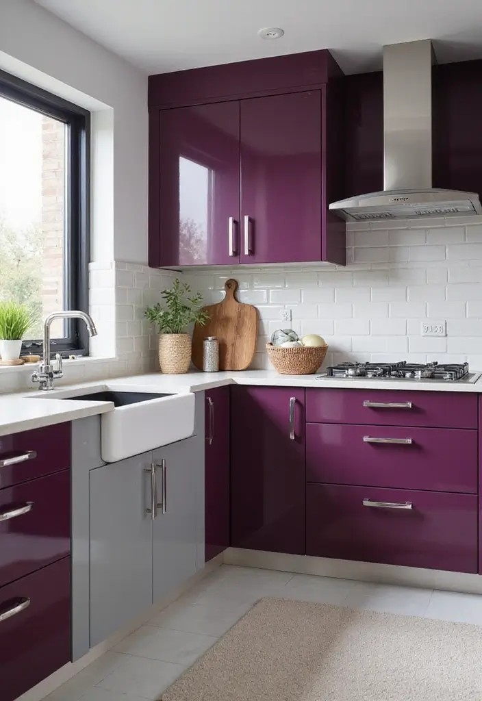 30 Trendy Two Color Kitchen Cabinets for Modern Homes - 23. Berry Purple and Light Gray