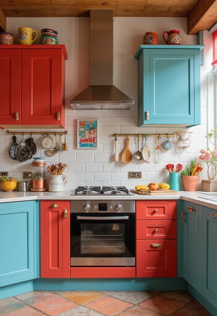 30 Trendy Two Color Kitchen Cabinets for Modern Homes - 25. Warm Red and Cool Blue