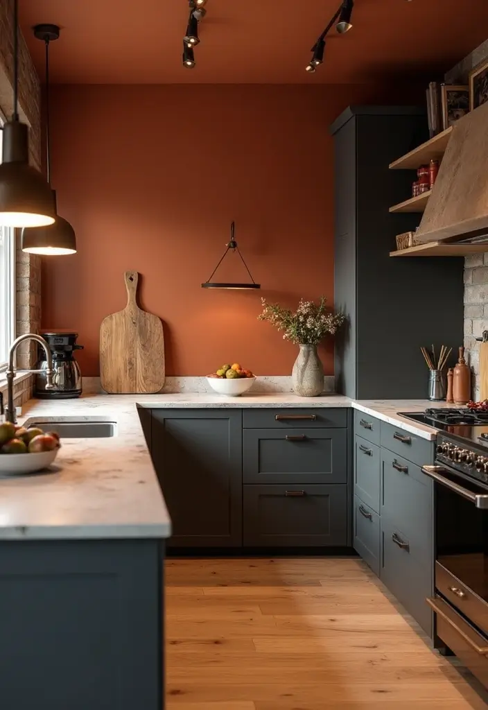 30 Trendy Two Color Kitchen Cabinets for Modern Homes - 28. Burnt Orange and Dark Gray