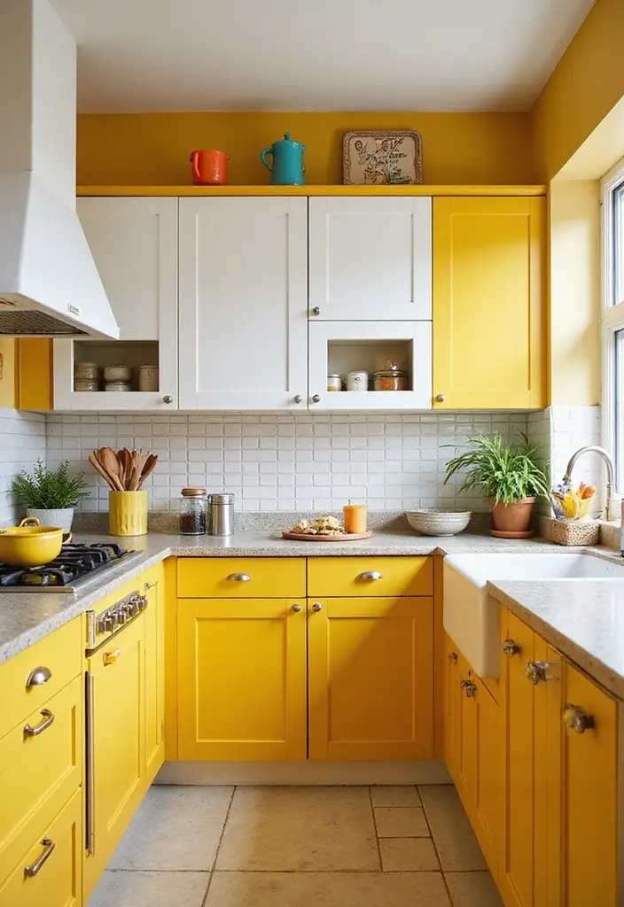 30 Trendy Two Color Kitchen Cabinets for Modern Homes - 3. Bright Yellow and Crisp White