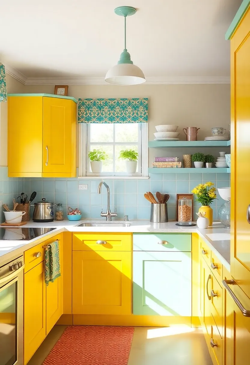 30 Trendy Two Color Kitchen Cabinets for Modern Homes - 30. Marigold Yellow and Duck Egg Blue