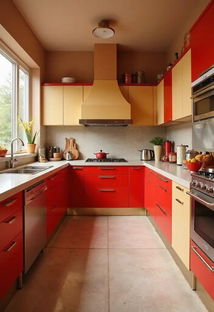 30 Trendy Two Color Kitchen Cabinets for Modern Homes - 6. Bold Red and Warm Beige