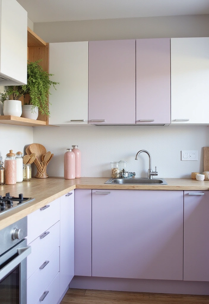 30 Trendy Two Color Kitchen Cabinets for Modern Homes - 9. Soft Lavender and White