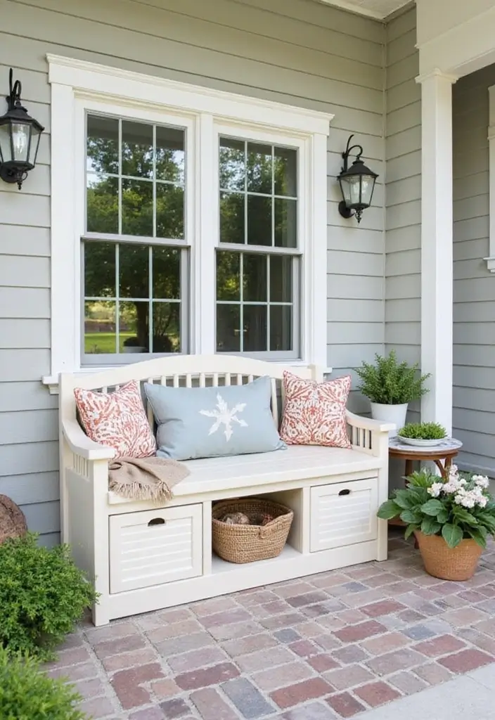 30 Small Front Porch Ideas That Maximize Every Inch - 1. Cozy Bench with Built-In Storage