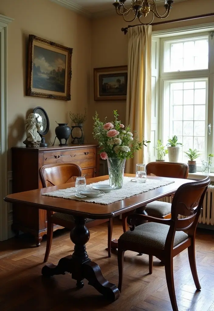 27 Vintage Dining Room Looks That Bring Back Charm - 17. Celebrating Heritage with Heirloom Pieces