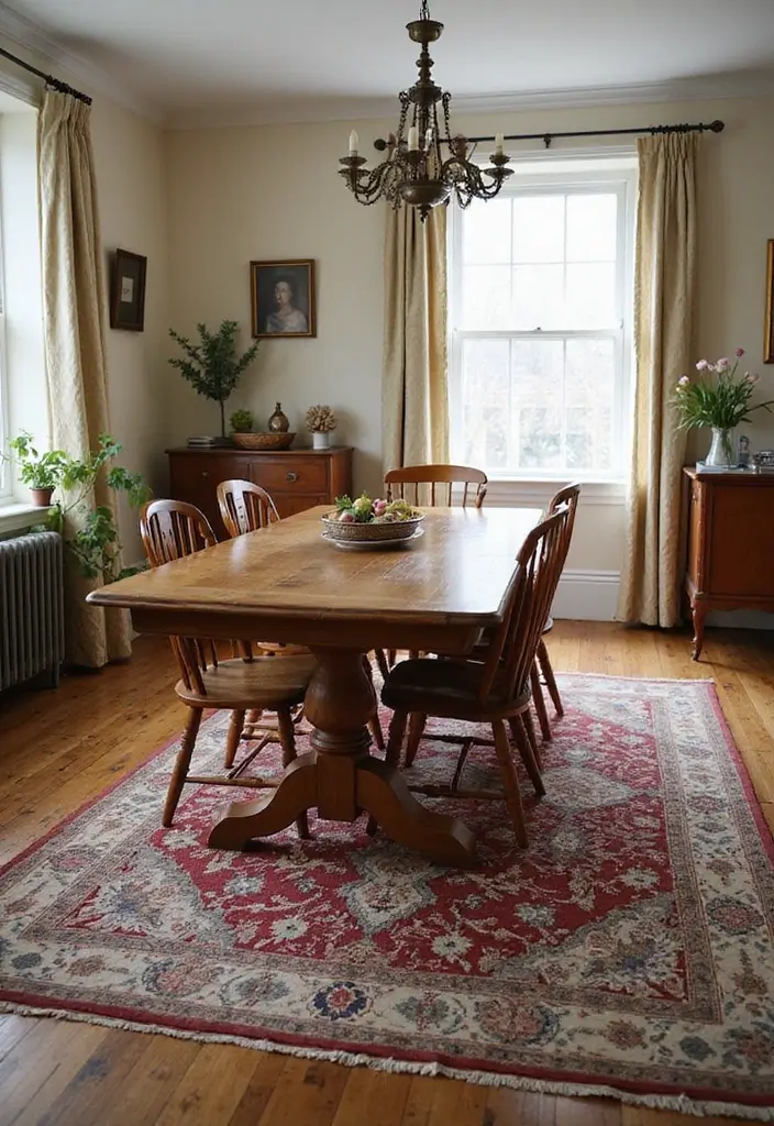 27 Vintage Dining Room Looks That Bring Back Charm - 19. Vintage Rugs to Tie the Room Together