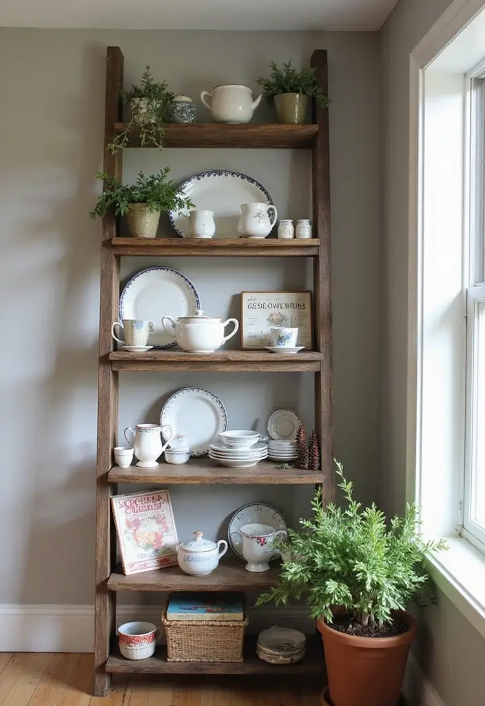 28 Dining Room Corner Ideas That Make the Most of Space - 2. Rustic Ladder Shelf Display