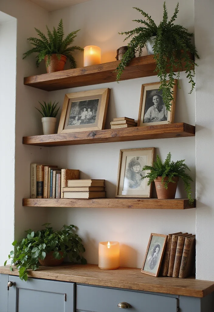 10 Basement Half Wall Ledge Ideas for Simple Functional Display - 1. Rustic Wooden Shelves