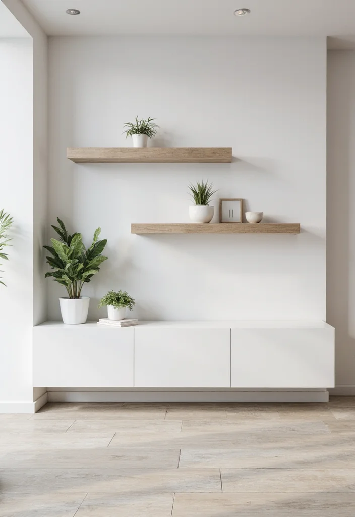 10 Basement Half Wall Ledge Ideas for Simple Functional Display - 2. Minimalist Floating Shelves