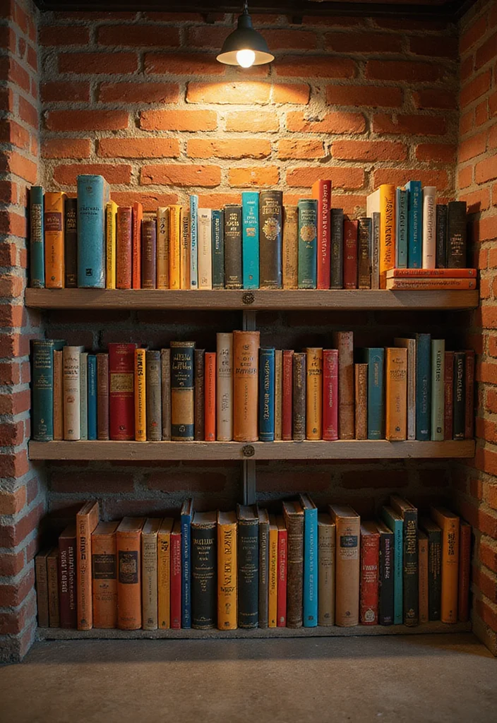 10 Basement Half Wall Ledge Ideas for Simple Functional Display - 3. Colorful Book Displays