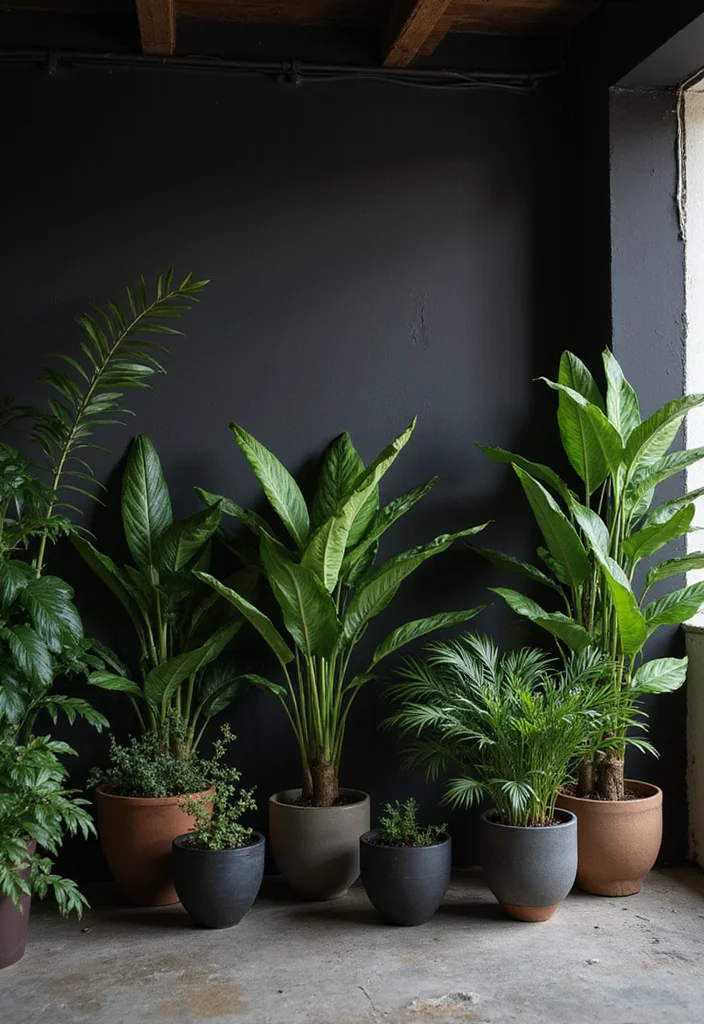 10 Black Basement Ideas for Bold Dramatic Style - 10. Integrating Greenery