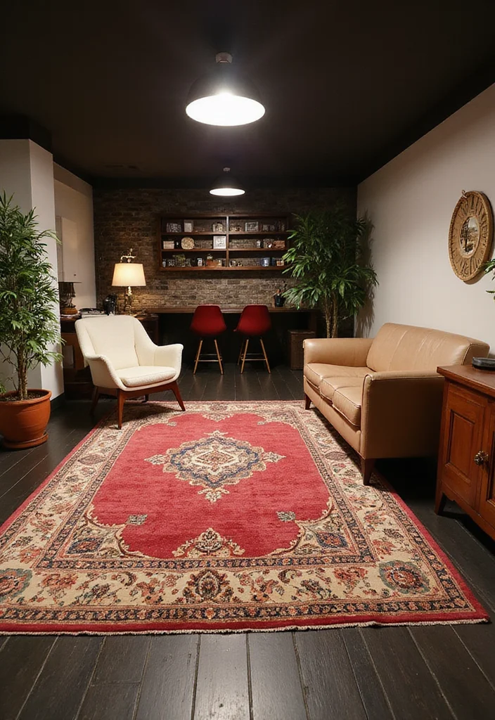 10 Black Basement Ideas for Bold Dramatic Style - 4. Statement Rugs