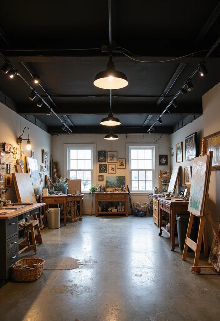 10 Black Ceiling Basement Ideas for Modern Industrial Depth - 10. Stunning Art Studio
