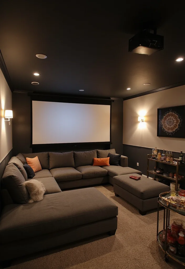 10 Black Ceiling Basement Ideas for Modern Industrial Depth - 2. Cozy Movie Nook