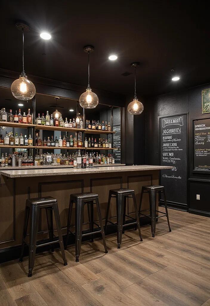 10 Black Ceiling Basement Ideas for Modern Industrial Depth - 3. Trendy Home Bar