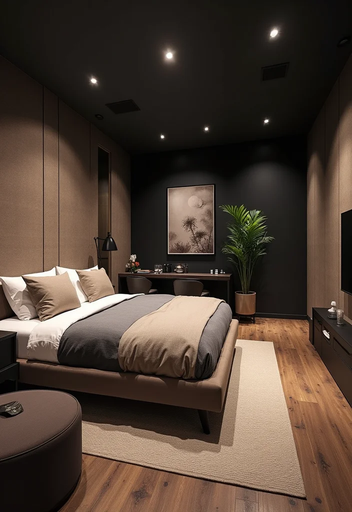 10 Black Ceiling Basement Ideas for Modern Industrial Depth - 9. Inviting Guest Suite