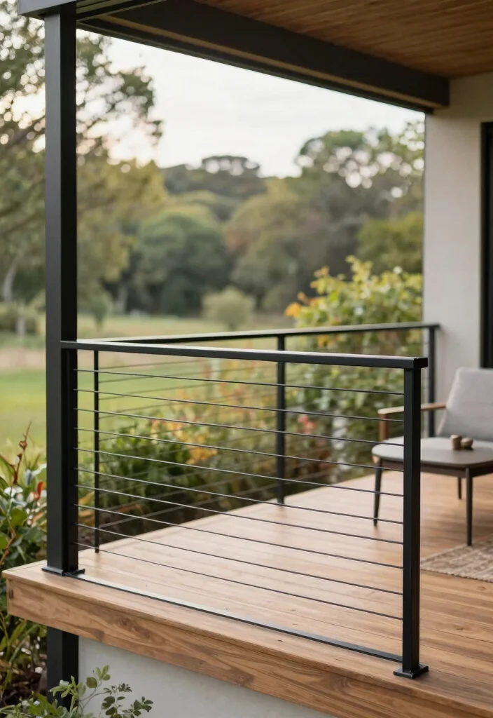 10 Black Porch Railing Ideas for a Bold Modern Porch Look - 3. Minimalist Wire Railings for an Open Look 1