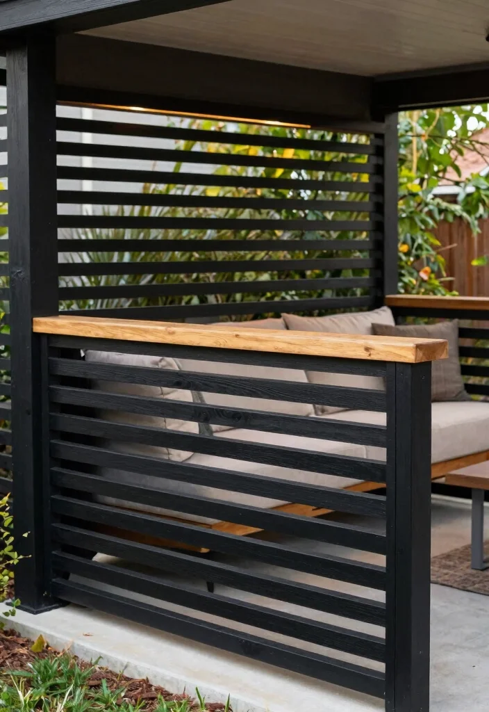 10 Black Porch Railing Ideas for a Bold Modern Porch Look - 5. Horizontal Slats for a Modern Edge 1