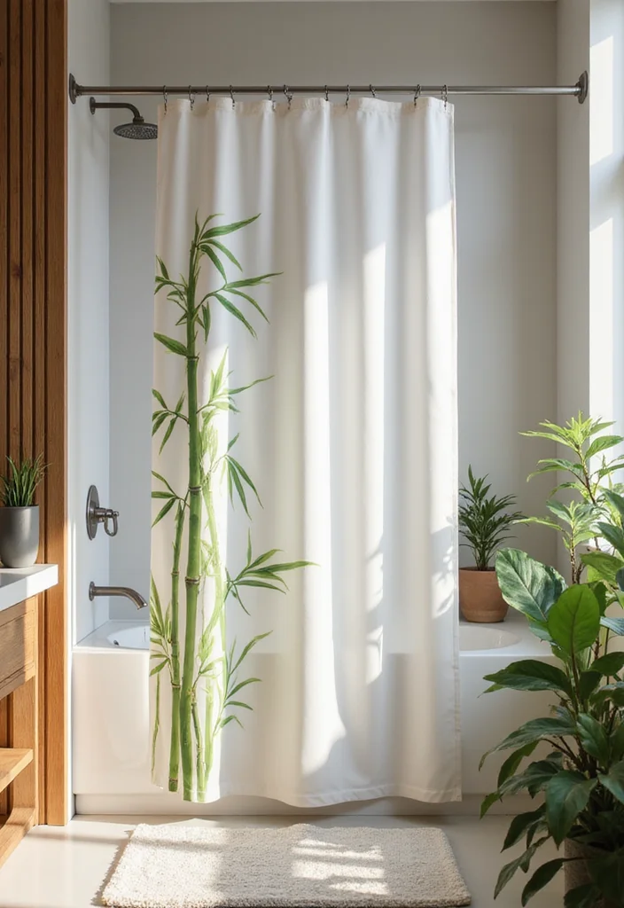 10 Clear Shower Curtain Ideas for Bright Open Bathroom Style - 1. Eco-Friendly Bamboo Print Curtain