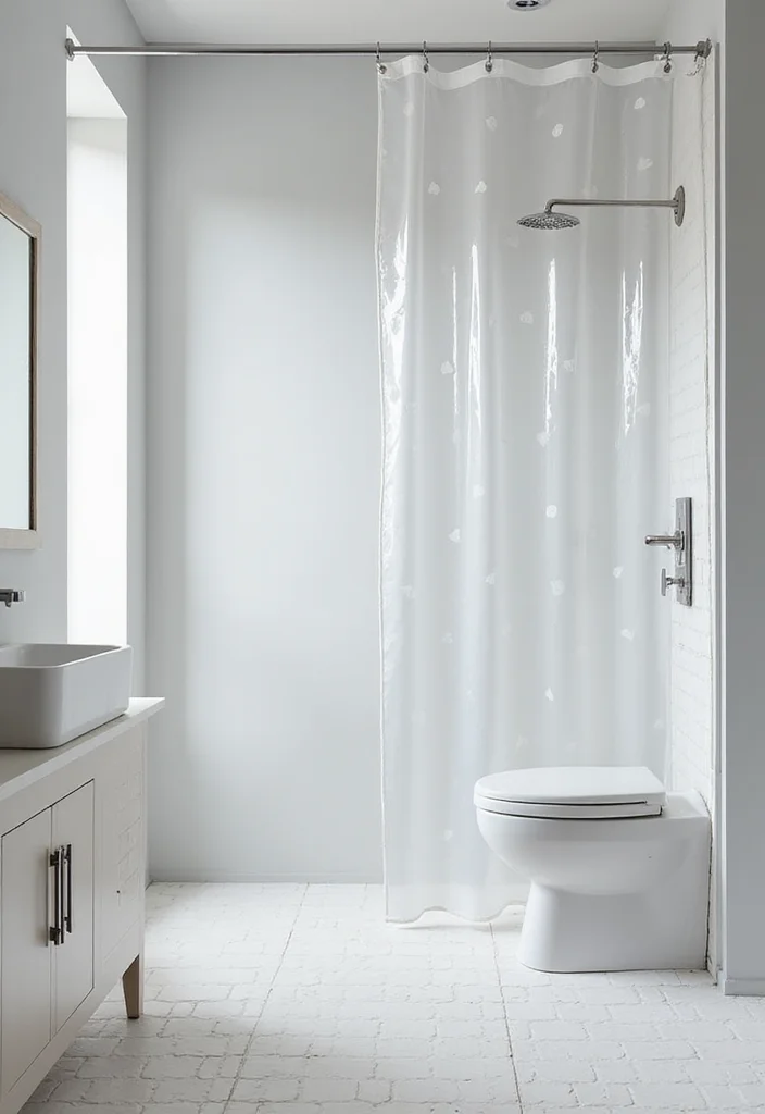 10 Clear Shower Curtain Ideas for Bright Open Bathroom Style - 2. Minimalist Geometric Designs