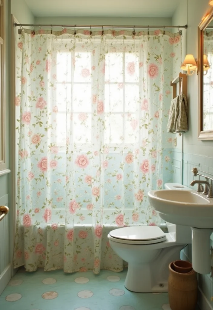 10 Clear Shower Curtain Ideas for Bright Open Bathroom Style - 3. Vintage Floral Prints