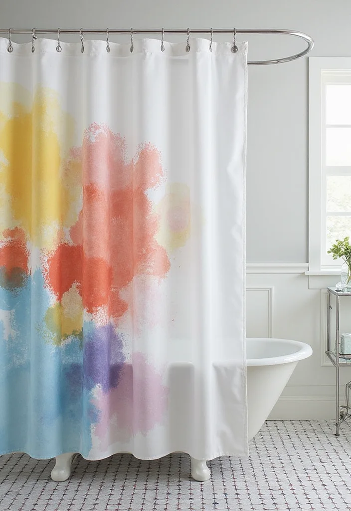10 Clear Shower Curtain Ideas for Bright Open Bathroom Style - 6. Abstract Art Patterns