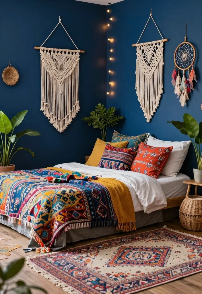 10 Dark Blue Bedroom Ideas Perfect for Couples Retreats - 5. Bohemian Bliss 1