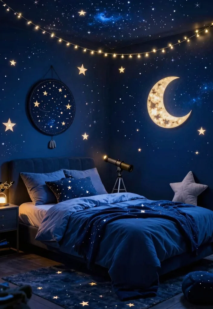 10 Dark Blue Bedroom Ideas Perfect for Couples Retreats - 7. Whimsical Starry Nights 1