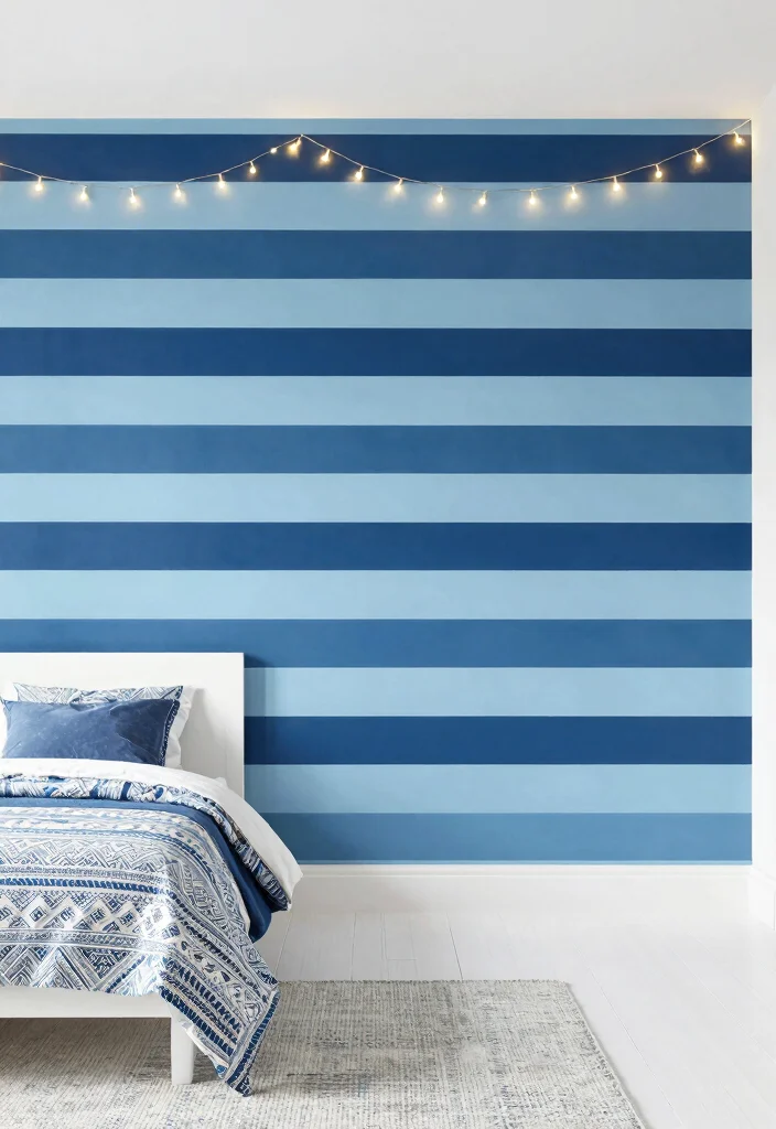 10 Dark Blue Bedroom Wall Ideas That Feel Calm and Stylish - 3. Coastal Stripe Accent Wall 1