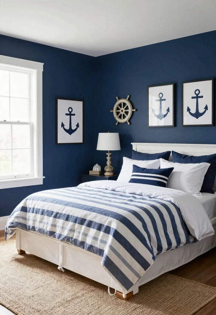10 Dark Blue Bedroom Wall Ideas That Feel Calm and Stylish - 5. Navy and White Nautical Theme 1