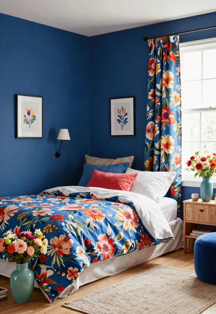 10 Dark Blue Bedroom Wall Ideas That Feel Calm and Stylish - 8. Bold Blue Floral Accents 1