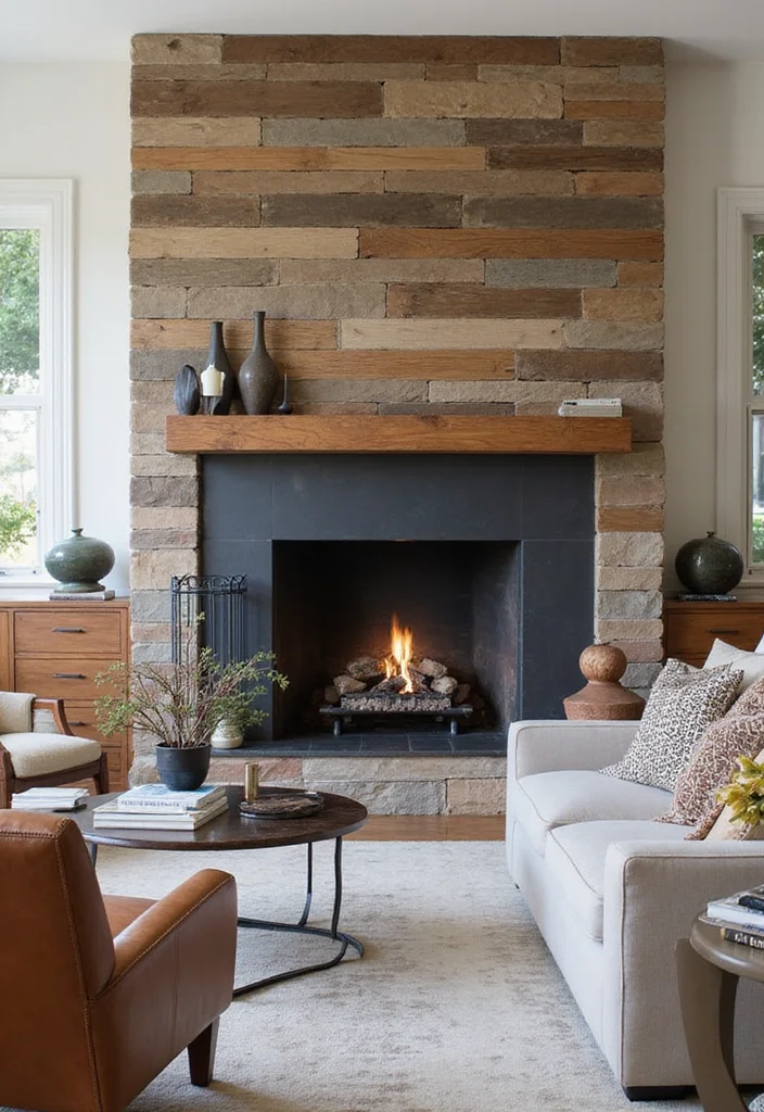 10 Fireplace Facade Ideas for Fresh Updated Looks - 10. Mixed Materials Masterpiece