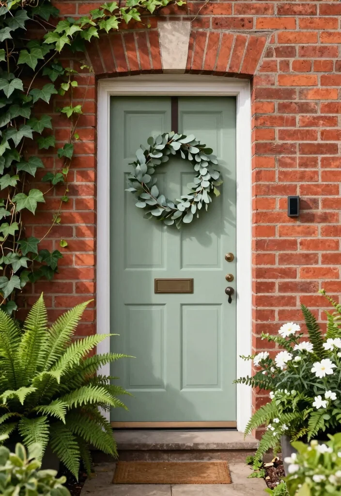 10 Front Door Paint Colors That Complement Red Brick Homes - 3. Soft Sage Green 1