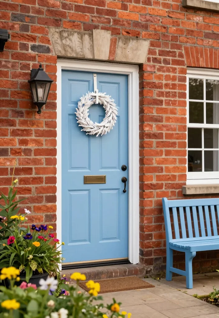 10 Front Door Paint Colors That Complement Red Brick Homes - 5. Refreshing Sky Blue 1