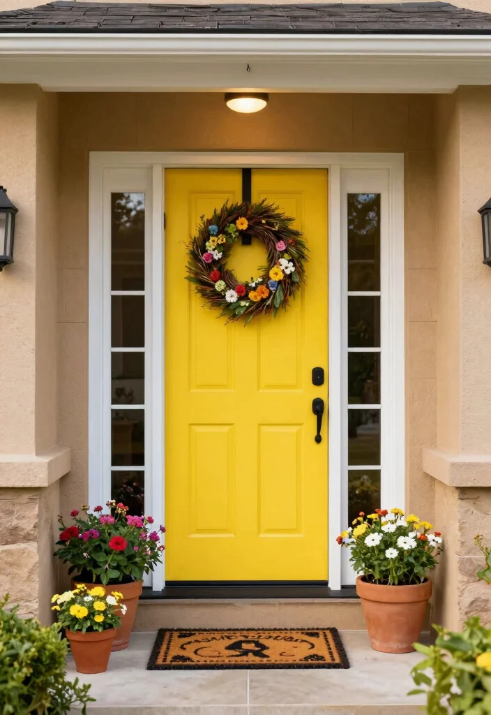 10 Front Door Paint Colors That Look Great with a Tan House 3 10 Front Door Paint Colors That Look Great with a Tan House - 3. Playful Yellow: A Bright Delight 1