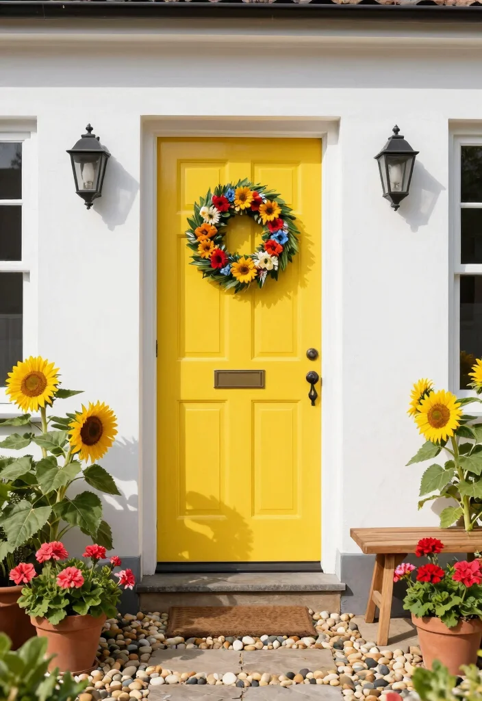 10 Front Door Paint Colors That Pop on a White House - 3. Bright Yellow for a Cheerful Entrance 1