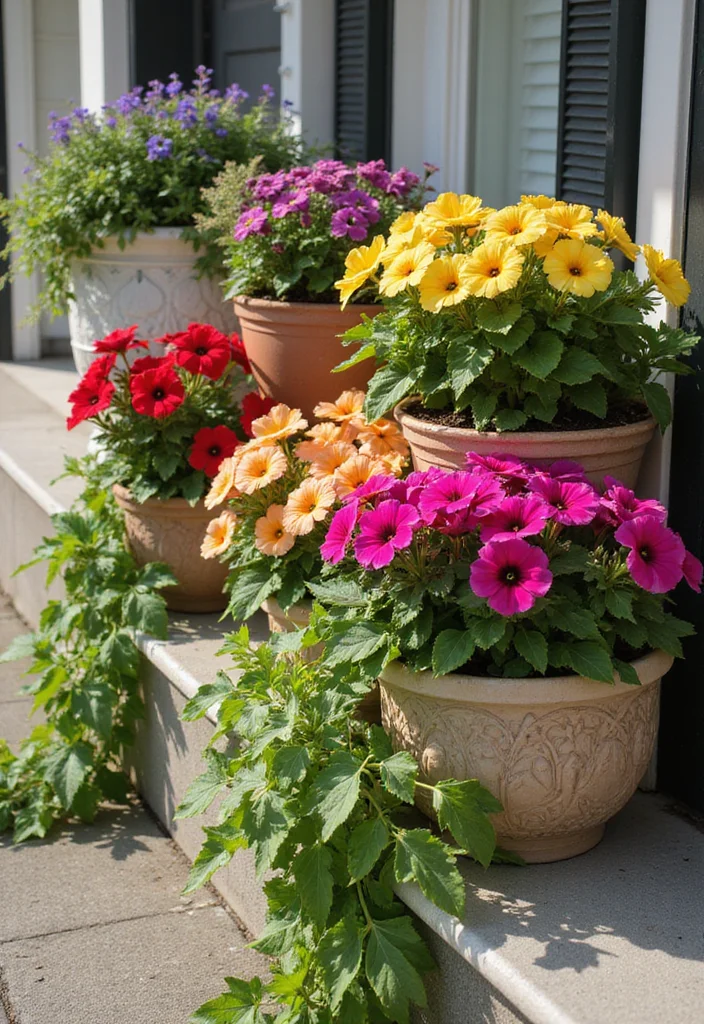 10 Front Porch Floral Ideas for Colorful Welcoming Style - 1. Classic Potted Petunias
