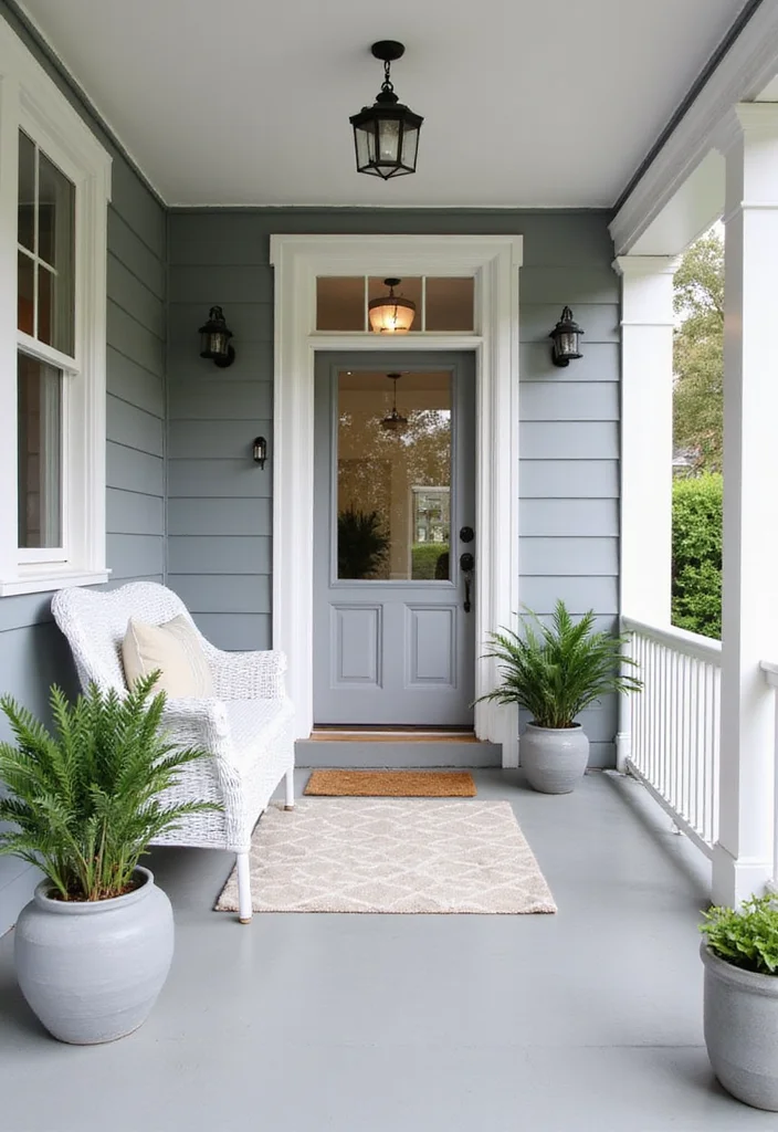 10 Grey Front Porch Ideas for Soft Neutral Curb Appeal - 1. Soft Grey Paint with White Trim