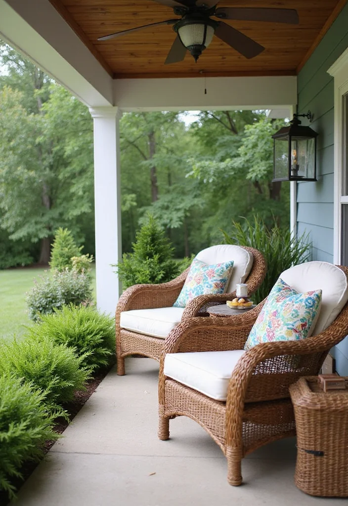 10 Shady Front Porch Ideas for Cool Comfortable Seating 1 10 Shady Front Porch Ideas for Cool Comfortable Seating - 1. Cozy Wicker Chairs with Cushions