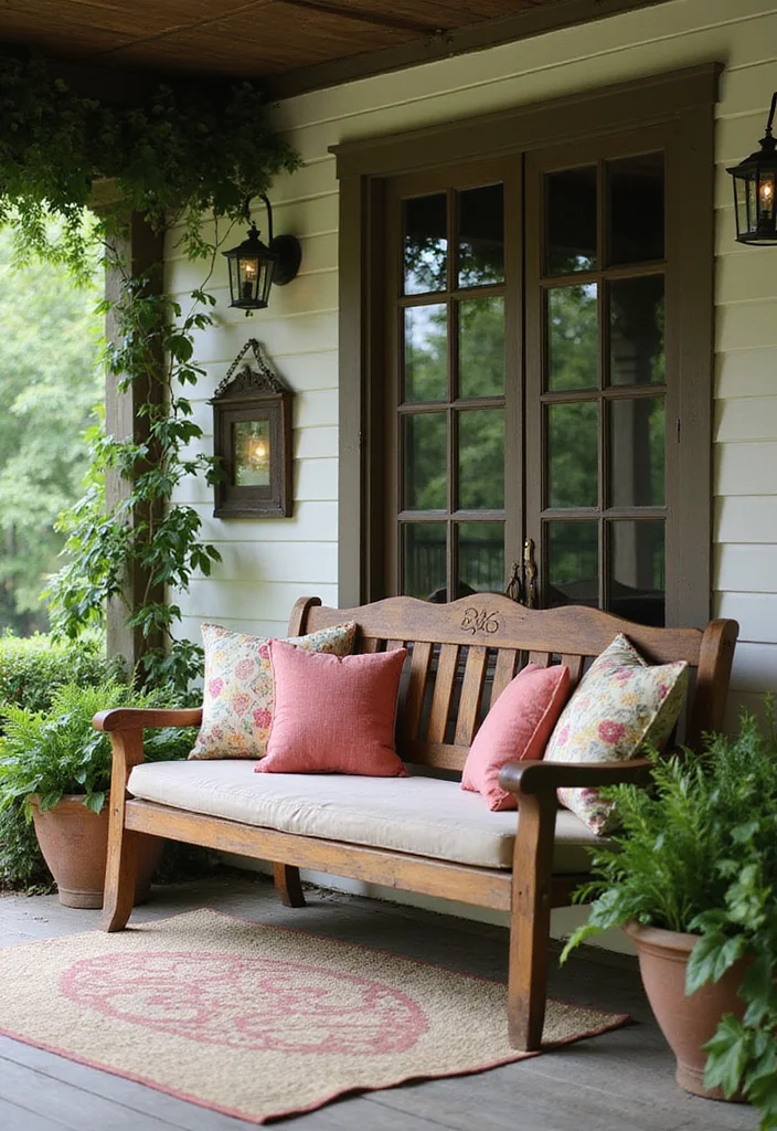 10 Shady Front Porch Ideas for Cool Comfortable Seating 23 10 Shady Front Porch Ideas for Cool Comfortable Seating - 3. Rustic Wooden Bench with Plenty of Pillows