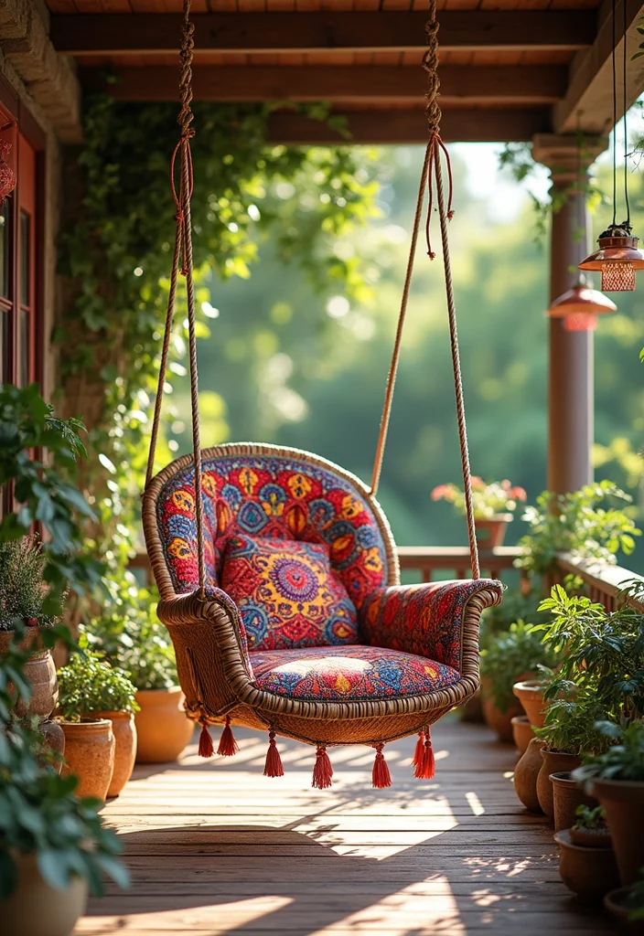 10 Shady Front Porch Ideas for Cool Comfortable Seating 34 10 Shady Front Porch Ideas for Cool Comfortable Seating - 4. Bohemian Swing Chair
