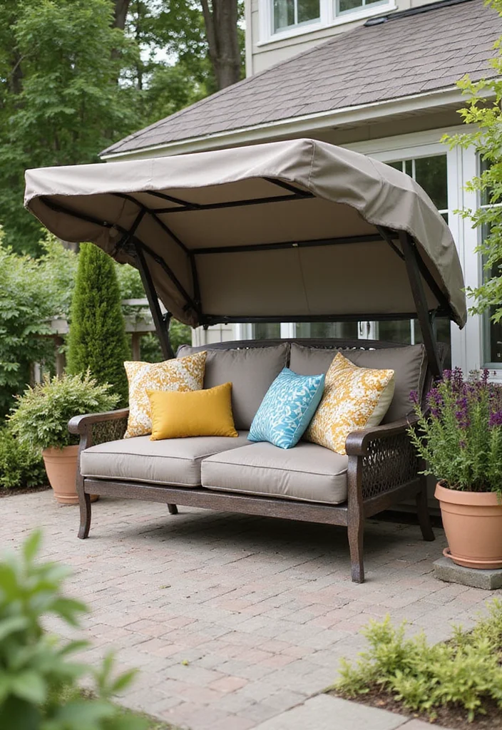 10 Shady Front Porch Ideas for Cool Comfortable Seating 45 10 Shady Front Porch Ideas for Cool Comfortable Seating - 5. Outdoor Loveseat with Built-in Shade