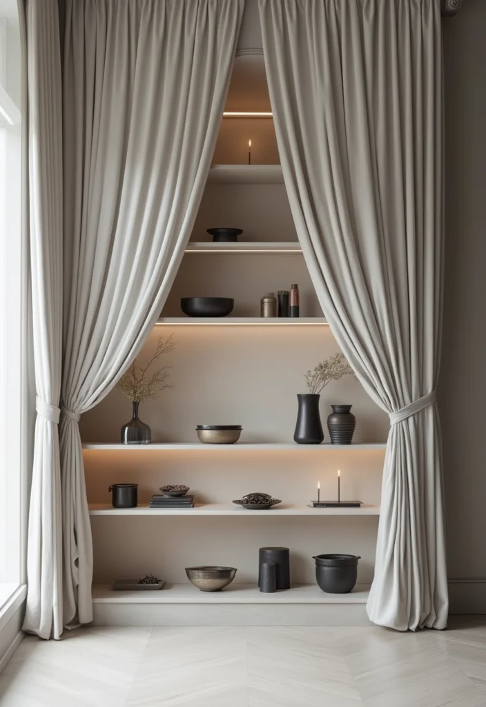 10 Shelf Curtain Ideas for Hidden Organized Storage - 10. Minimalist Approach to Shelf Curtains